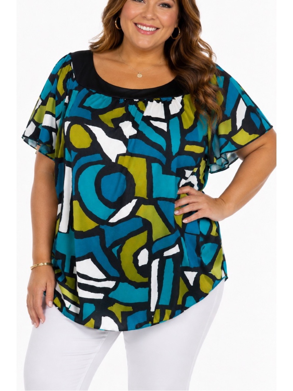 I.N Studio blouse with a large abstract green, blue, black, and white pattern